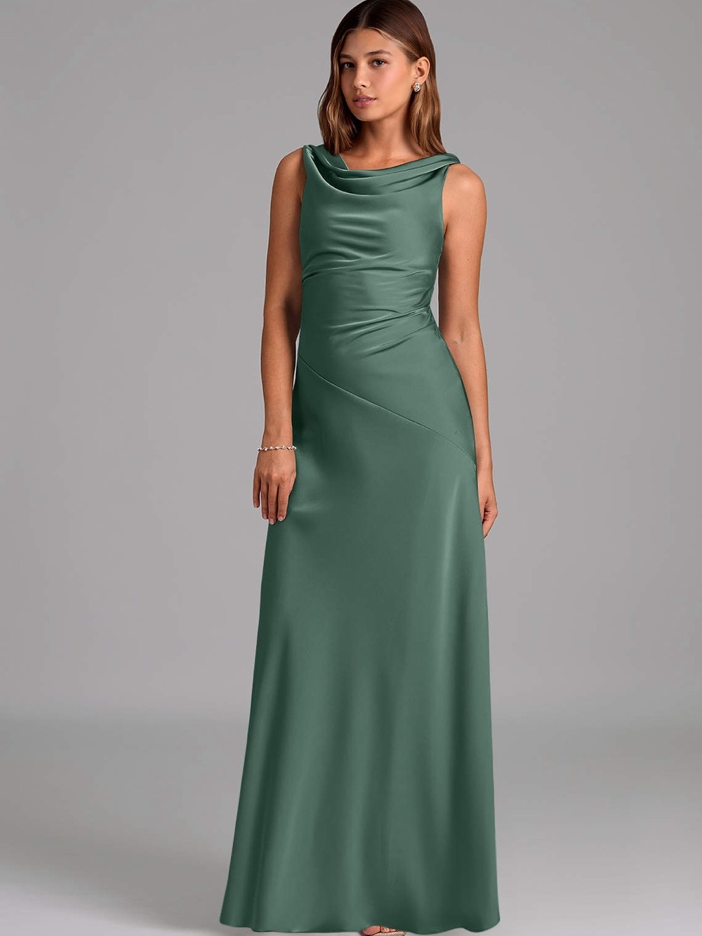 Azazie Satin Cowl Neck Maxi Dress in Sage Green